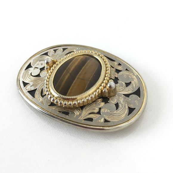 Tiger's Eye Western Style Belt Buckle Oval Gold Silver Filigree Finish Unisex - Picture 9 of 10